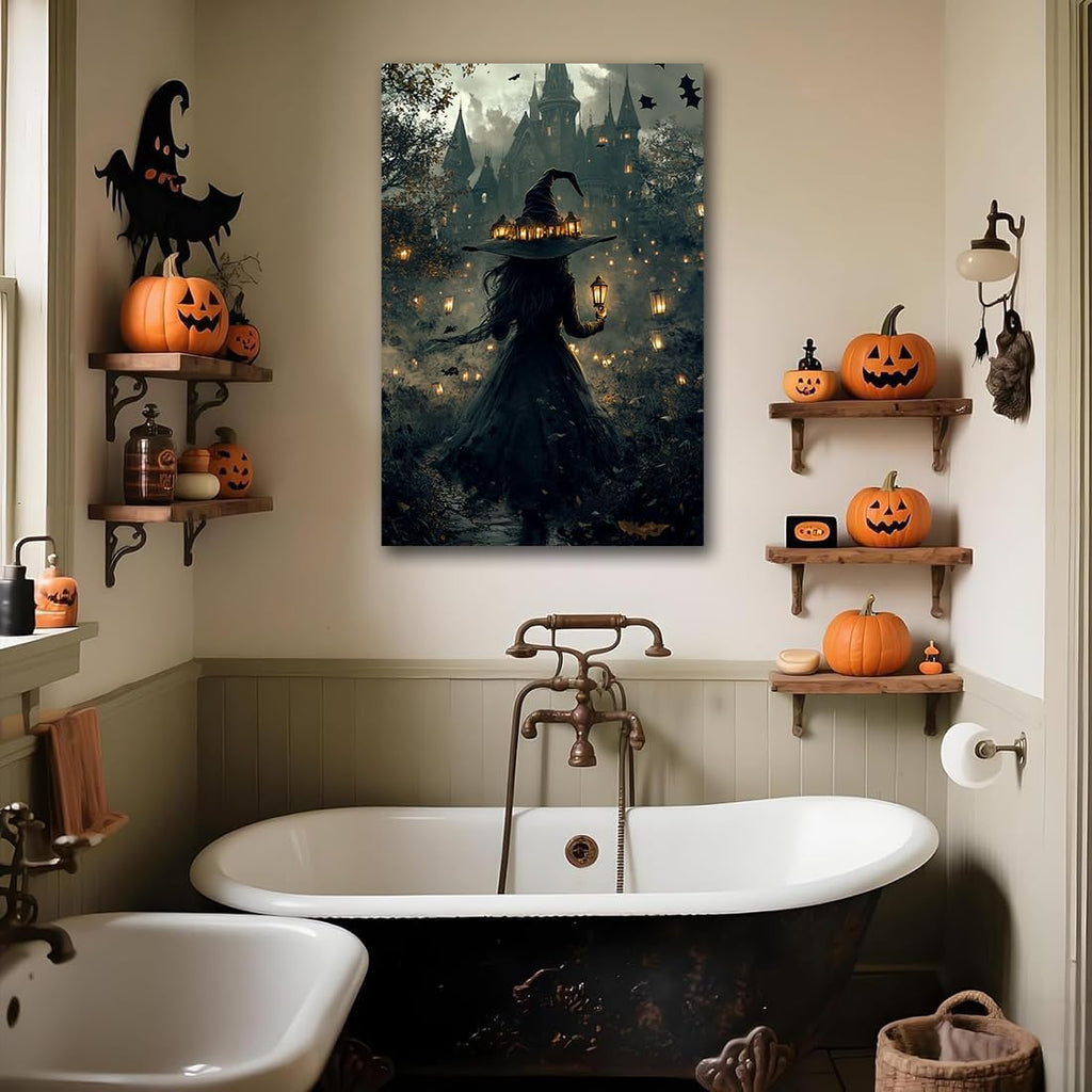 Halloween Witch and Haunted House Canvas Wall Art,Dark Academia Scary Witch Castle Posters Prints,Thriller Horror Gothic Wall Decor Pictures for Halloween Party House Decoration,16"x24" Framed