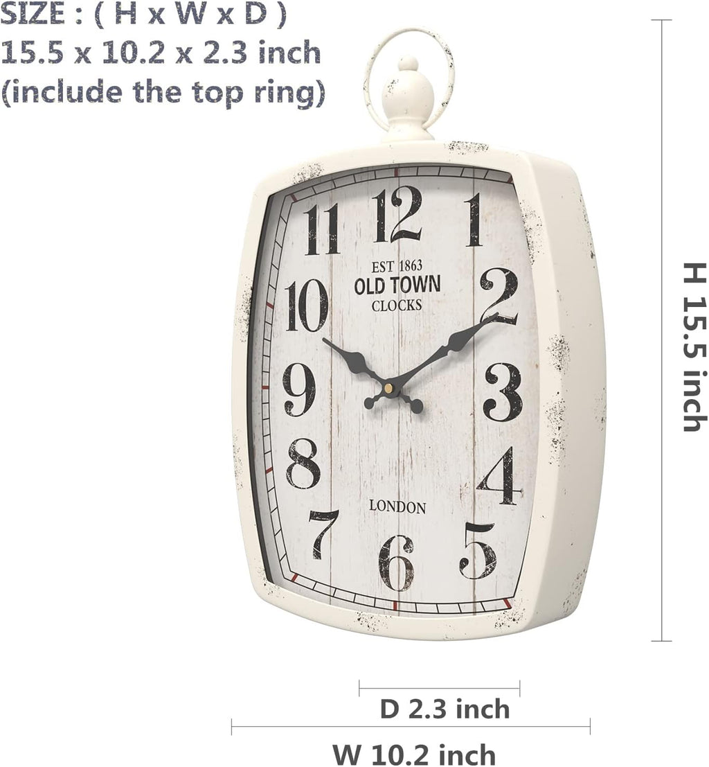 Menterry Rectangle Retro Large Wall Clock, Old-Fashioned Vintage Design, White Antique Style, Battery Operated Silent Decor Wall Clocks for Farmhouse,Kitchen,Office (15.5" H x 10.2" W)