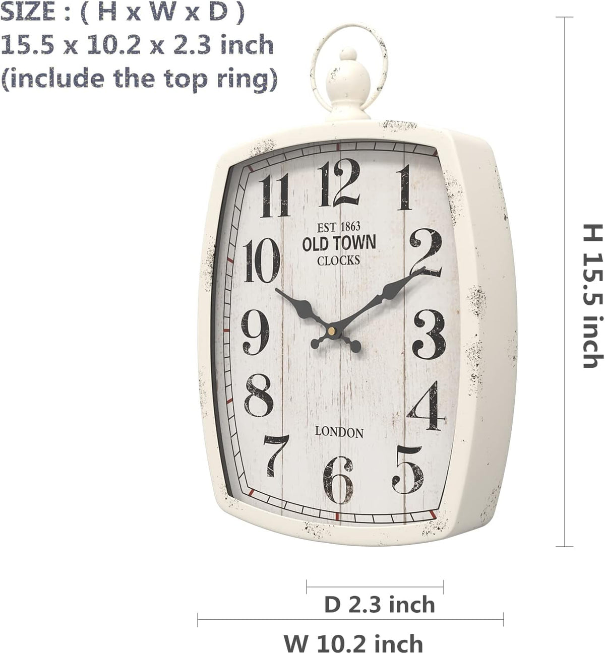 Menterry Rectangle Retro Large Wall Clock, Old-Fashioned Vintage Design, White Antique Style, Battery Operated Silent Decor Wall Clocks for Farmhouse,Kitchen,Office (15.5" H x 10.2" W)