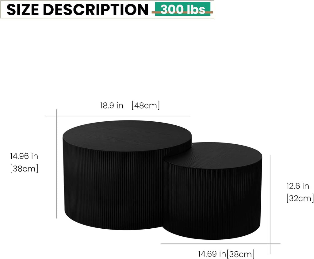 Round Nesting Coffee Table Set of 2 Handcraft Circle Fluted Nesting Coffee Tables Circular Side Table Drum Accent End Tables for Living Room Bedroom (Black Small)