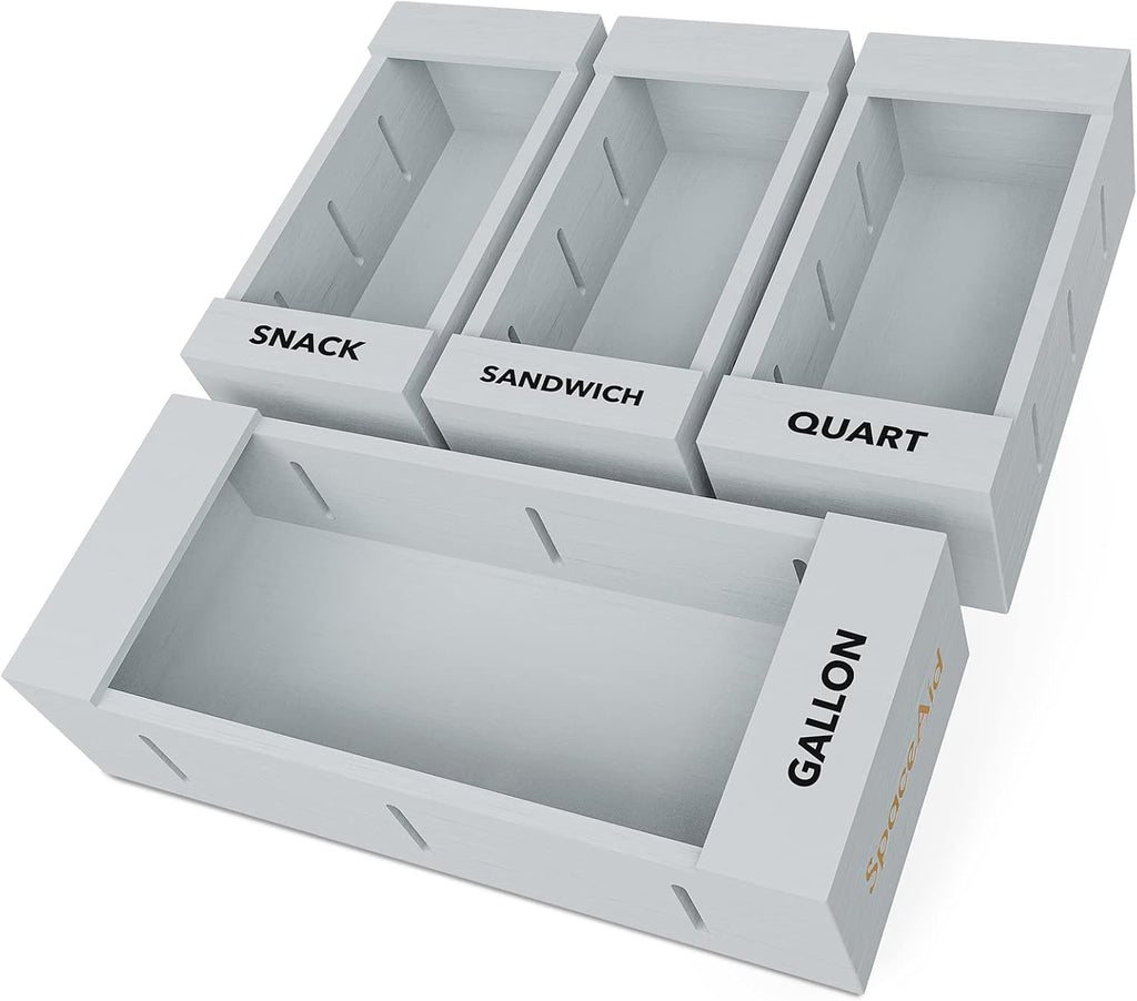 SpaceAid Bag Storage Organizer for Kitchen Drawer, Bamboo Organizer, Compatible with Gallon, Quart, Sandwich and Snack Variety Size Bag (4 Pack), Gray