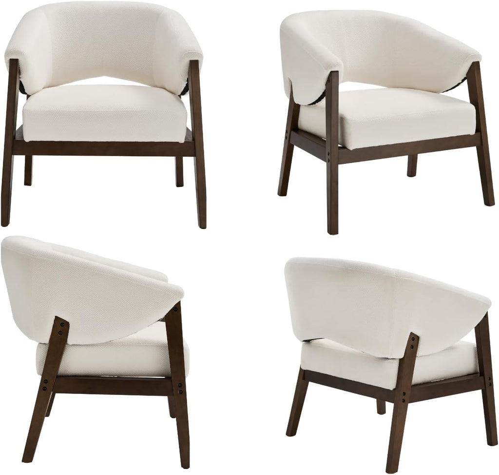 Mid-Century Modern Accent Chairs Set of 2, Comfy Barrel Armchairs with Wide Seat, Upholstered Lounge Chairs with Walnut Wood Legs for Living Room/Bedroom/Reading Corner, Chenille, Beige