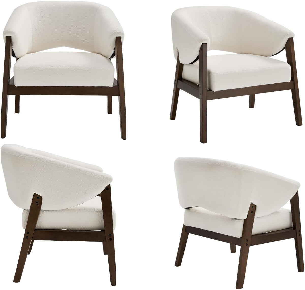 Mid-Century Modern Accent Chairs Set of 2, Comfy Barrel Armchairs with Wide Seat, Upholstered Lounge Chairs with Walnut Wood Legs for Living Room/Bedroom/Reading Corner, Chenille, Beige
