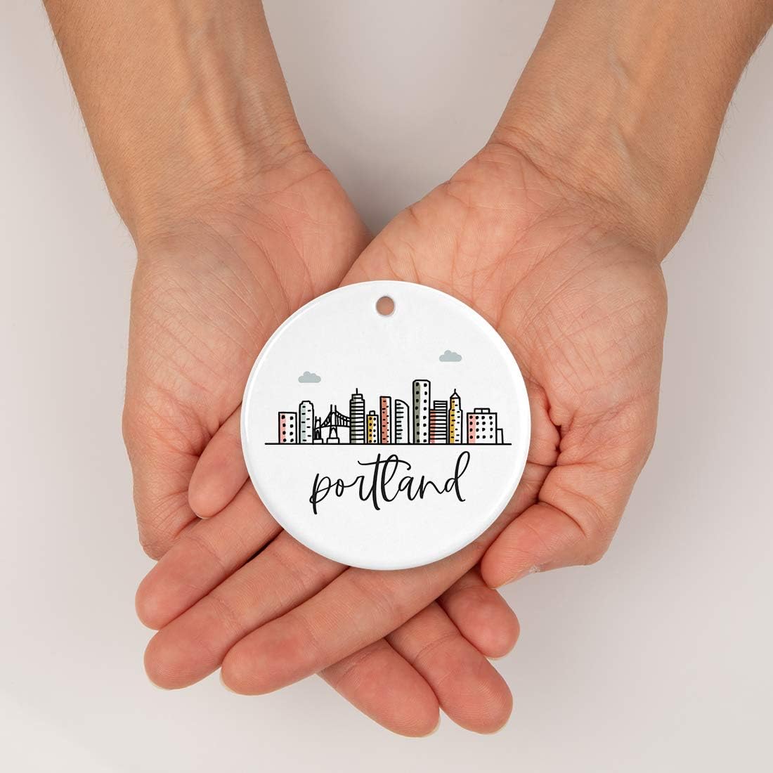 Andaz Press Round Ceramic Porcelain Christmas Tree Ornament Keepsake, Portland Colorful City Skyline Graphic, 1-Pack, Birthday Gift Ideas for Family Coworker, Includes Gift Box