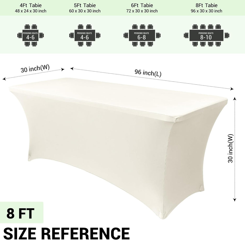 Obstal 8Ft Stretch Spandex Table Cover for Standard Folding Tables - 2 Pack Universal Rectangular Fitted Tablecloth for Party, Banquet, Events, Trade Show (Cream, 96L x 30W x 30H Inches)