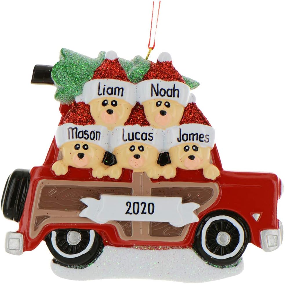 3D Road Trip Bears Family of 5 Ornament 2025 Personalized Family Christmas Ornaments 2025 | Snowy Tree Red Truck Personalized Tree Ornaments for Grandchildren, Siblings & Grandkids of Five Ornament