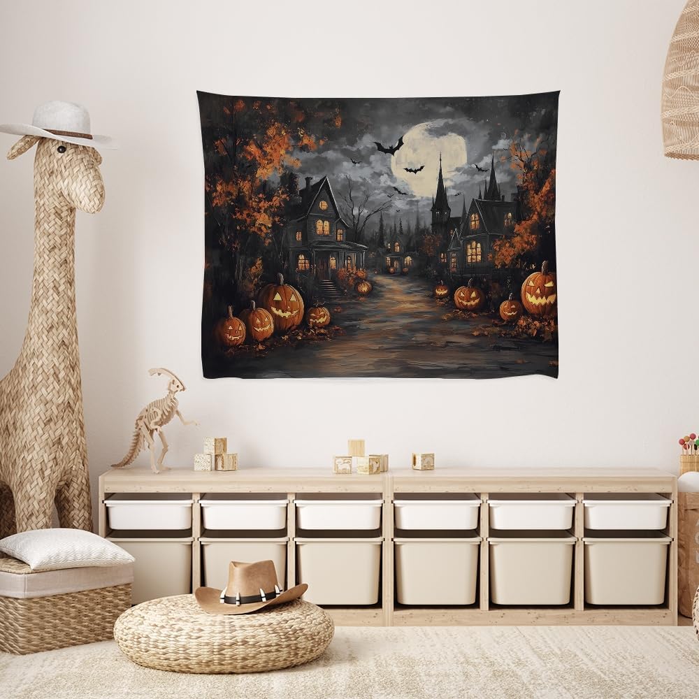 Spooky Halloween Tapestry Haunted Home Bats Pumpkin Tapestry Wall Hanging Dark Academia Fall Full Moon Decor Gothic Ghost Tapestries for bedroom Living Room Decoration 60x80inch
