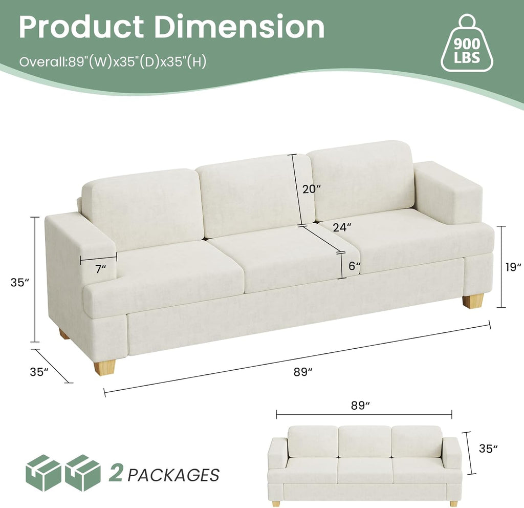 2 Piece Set Comfy Sofa Couch, 2 3-Seater Sofa with Deep Seats, Modern Sleeper Couch for Living Room, Beige Chenille