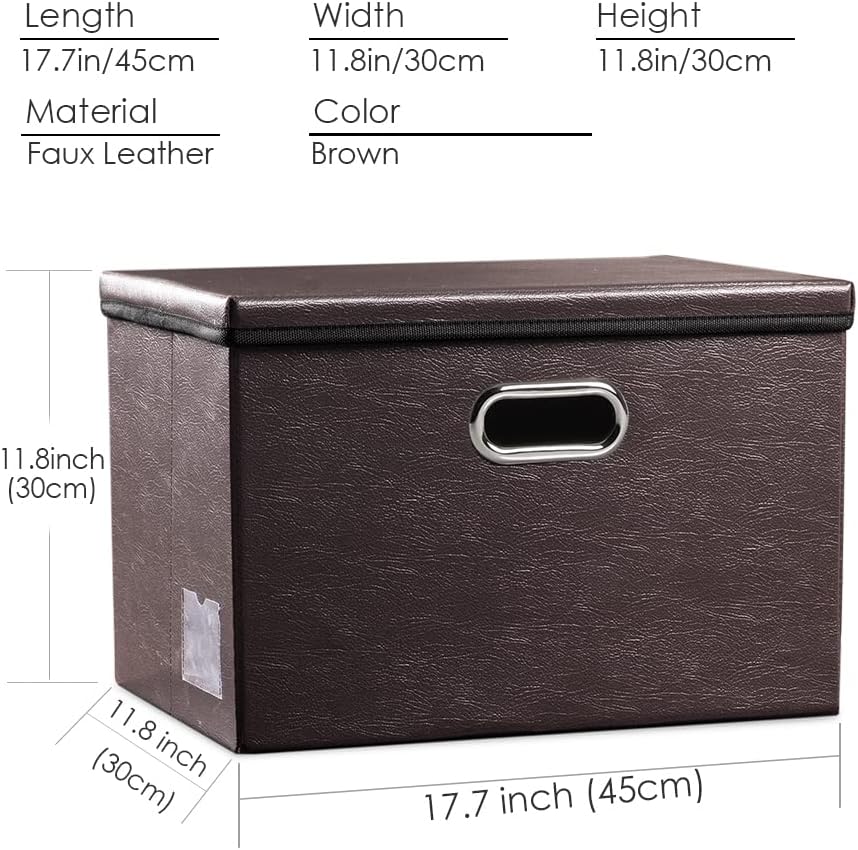 PRANDOM Large Foldable Storage Bins with Lids [3-Pack] Leather Fabric Collapsible Storage Boxes Organizer Containers Baskets Cube with Cover for Home Bedroom Closet Office Brown(17.7x11.8x11.8)