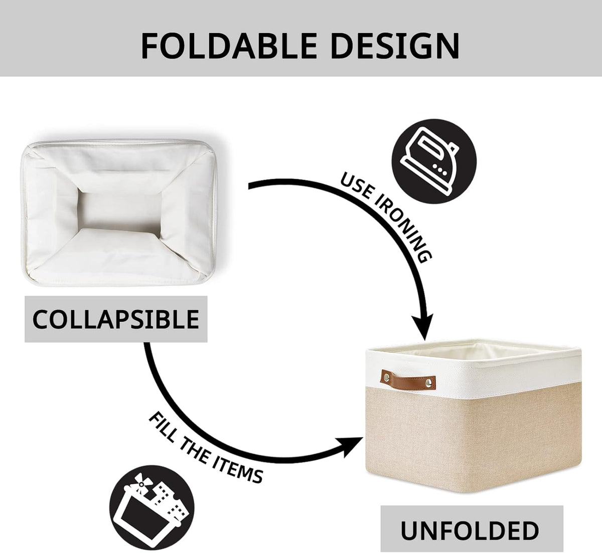 DULLEMELO Fabric Storage Bins for Laundry, Home, Foldable Storage Baskets for Shelves, Toys, Collapsible Storage Bins for Office, Closet,Bedroom(White&Khaki,15"x11"x9.5",4-Pack)