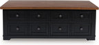 Signature Design by Ashley Wildenauer Farmhouse 2-Drawer Lift-Top Coffee Table with 2 Storage Bins Under Top and Casters, Light Brown & Black