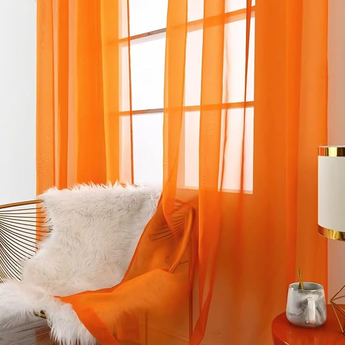 SpaceDresser Basic Rod Pocket Sheer Voile Window Curtain Panels Orange 2 Panels - Image 3