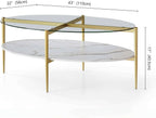 Oval Glass Coffee Table, Mid-Century Modern Design, L43 x W22 x H17 inch, Surfboard Shaped Clear Glass Top and White Marble Finish Wood Shelf, Tapered Legs with Gold Finish Frame
