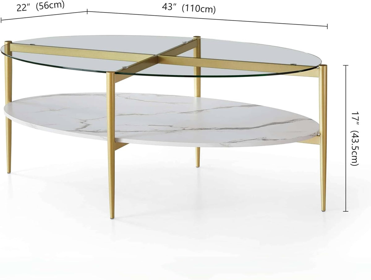 Oval Glass Coffee Table, Mid-Century Modern Design, L43 x W22 x H17 inch, Surfboard Shaped Clear Glass Top and White Marble Finish Wood Shelf, Tapered Legs with Gold Finish Frame