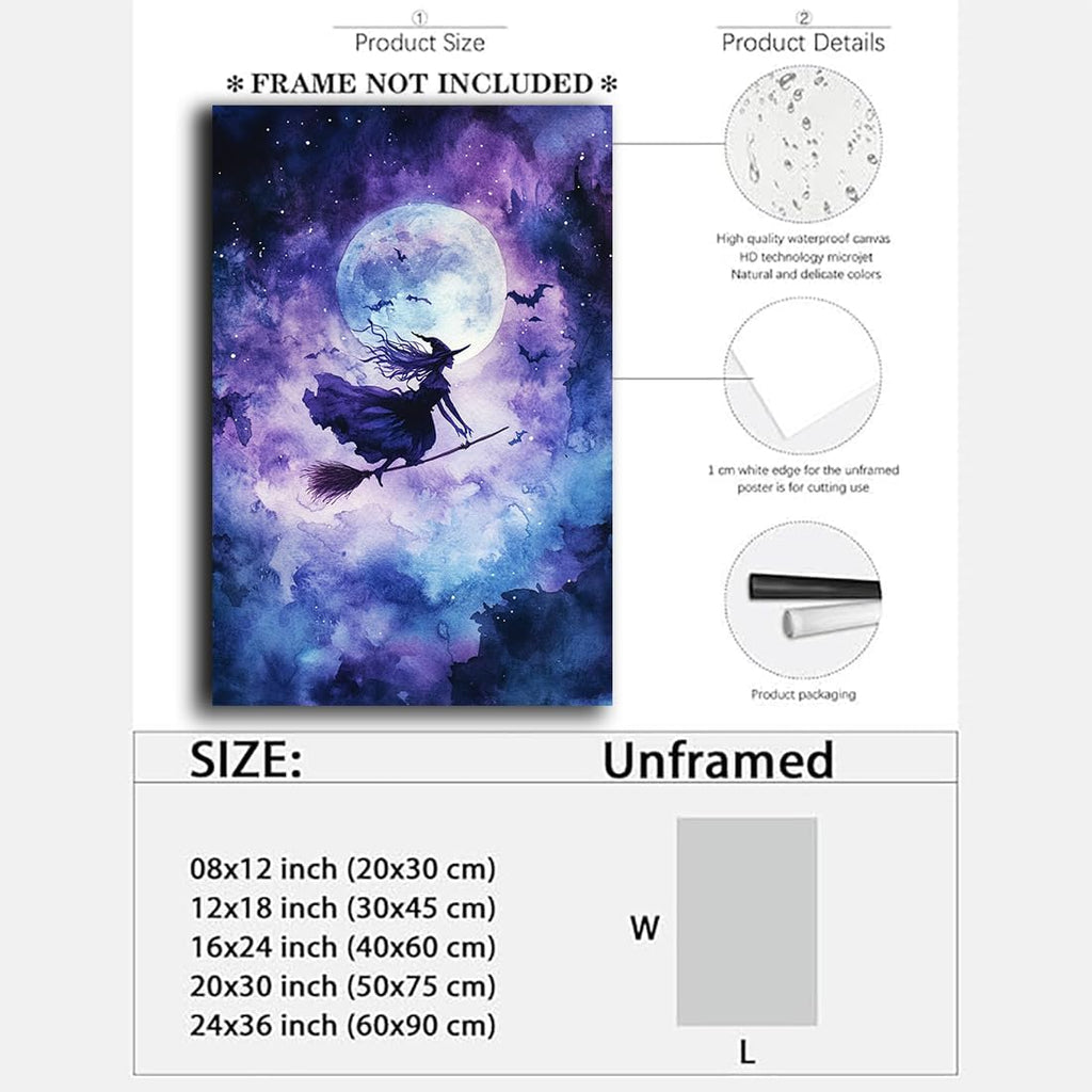 Witch On Broom Flying Wall Art,Gothic Halloween Canvas Wall Art,Victorian Witch Silhouette In Moonlight Broomstick Poster Pictures,Creepy Halloween Purple Night Sky Print,20"x30" Unframed