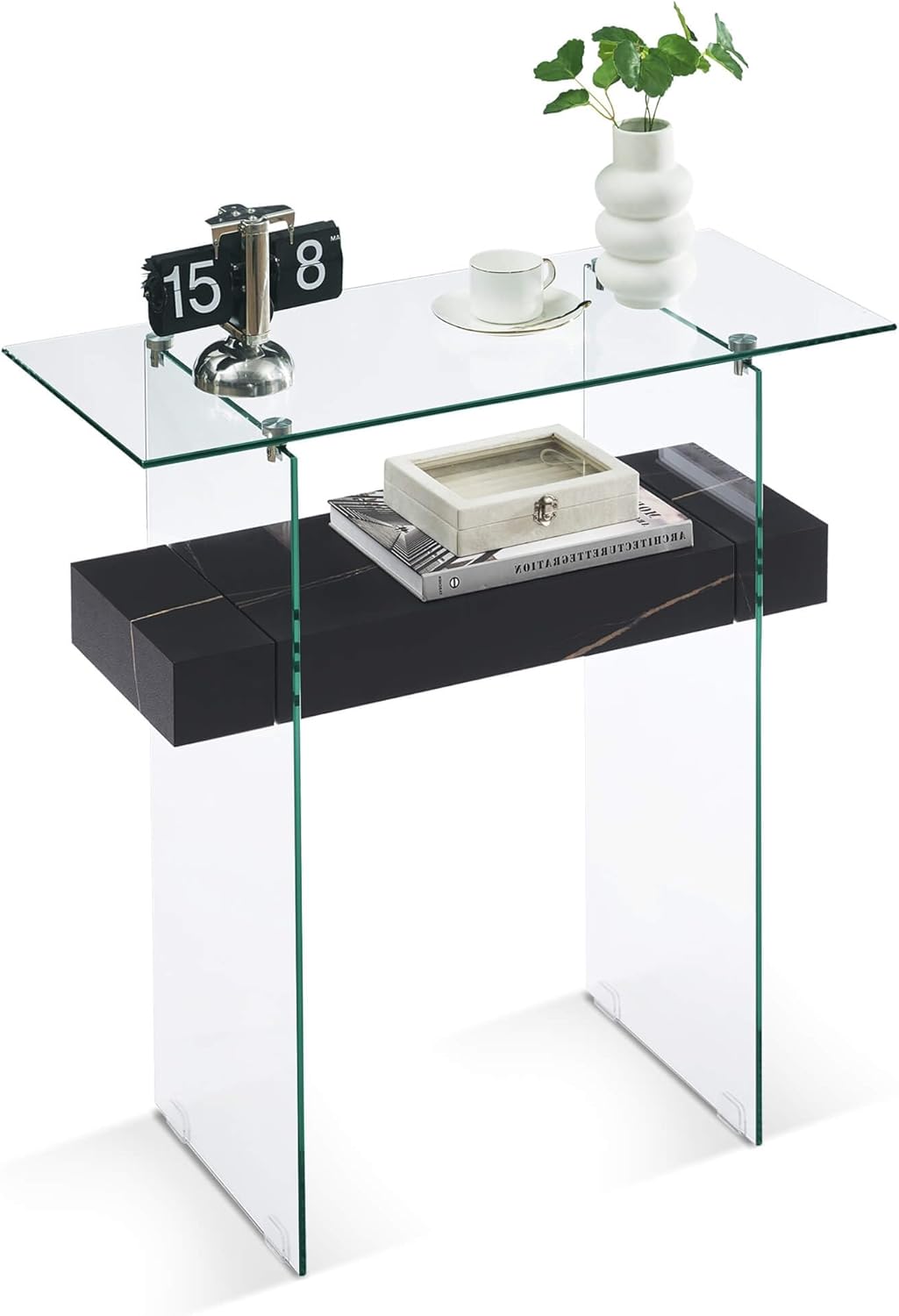 ivinta Glass Console Table with Storage, 31.5'' Modern Narrow Sofa Table for Small Space with Natural Wood Shelves for Living Room, Hallway, Foyer, Bedroom 5103 (Black)