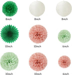 Sage-Green Pink Birthday Party-Decorations Paper-Flowers - 14pcs Happy Banner Spring Lanterns Tissue Pom Poms,Boho Streamers Garland Fans,Neutral Rustic Garden Office Hanging Supplies Decor Hugfond