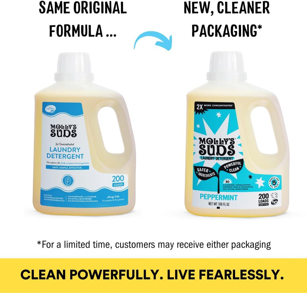Molly's Suds Liquid Laundry Detergent | Clean Laundry Detergent Soap for Sensitive Skin | 2x Concentrated, High Efficiency (HE) (Peppermint - 200 Loads)