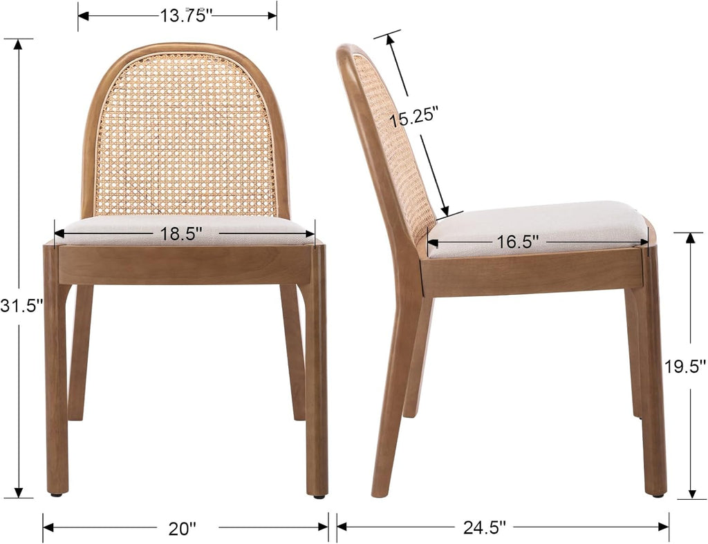 Mid Century Dining Chairs Set of 2, Accent Rattan Linen Fabric Side Chairs Kitchen Chair with Solid Wooden Legs for Living Room Dining Room, Beige