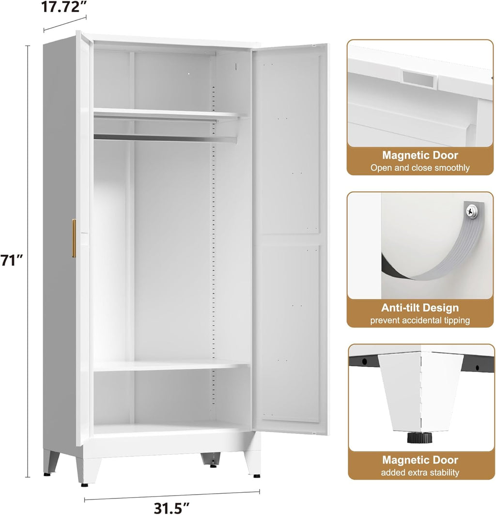71'' Farmhouse Metal Wardrobe Cabinet with Hanging Rod, 2 Barn Door Wardrobe Closet with 2 Adjustable Shelves,for Dining Room,Bedroom,Living Room, Cloak Room,Office (White)