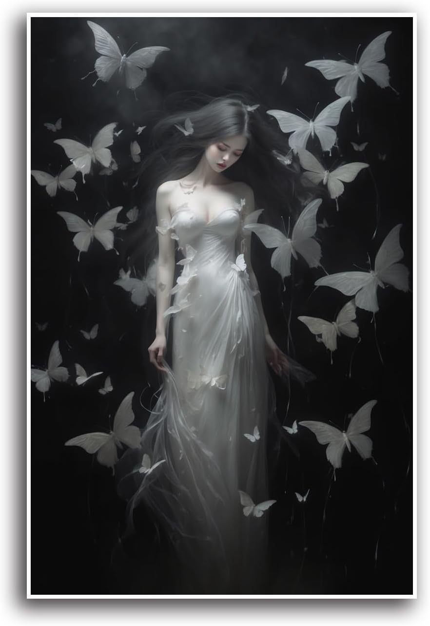 JFHCQJPK Vintage Gothic Feminine Canvas Wall Art Print Butterfly Poster Moody Female Wall Art Retro Artwork Dark College Decor for Home Bedroom8x12in Frameless