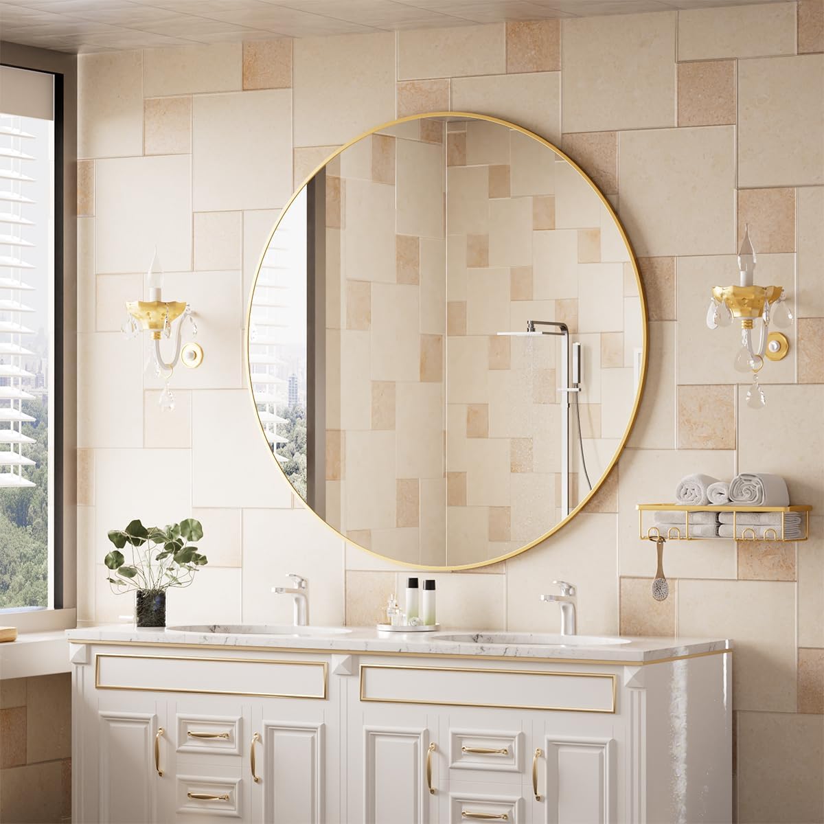 BEAUTYPEAK 42 Inch Round Mirror, Metal Frame Circle Mirror, Wall Mounted for Entryway, Bathroom, Vanity, Living Room, Gold
