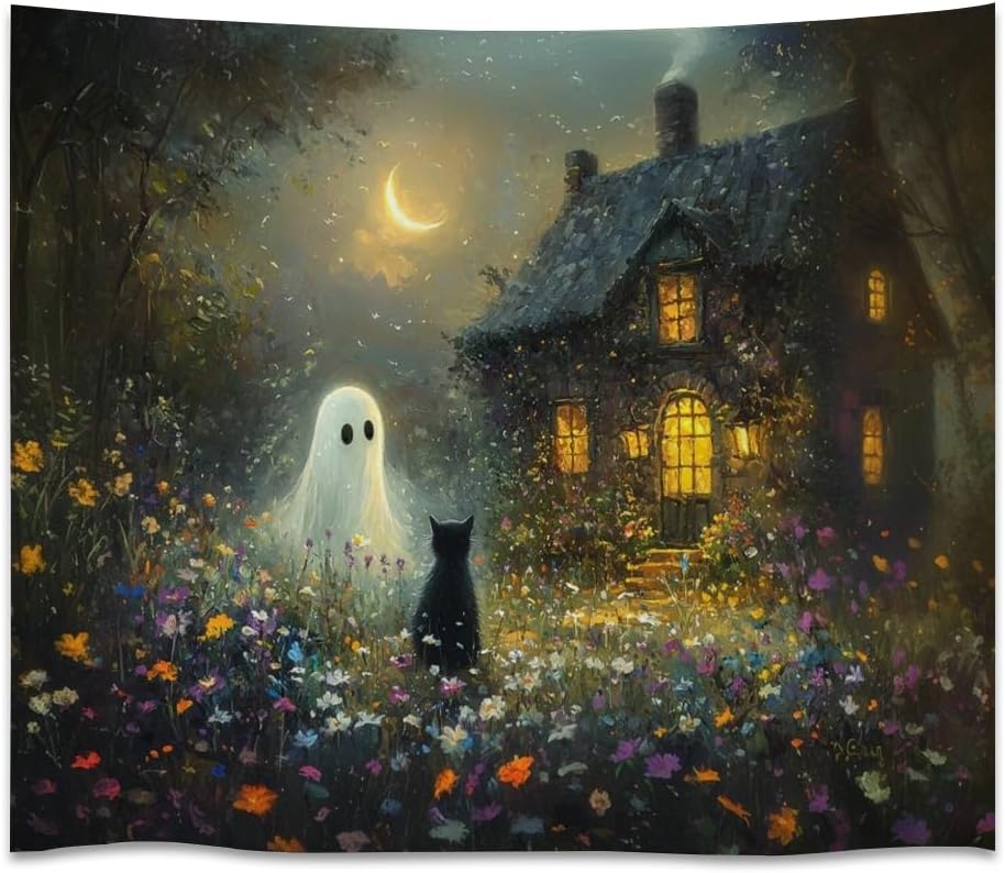 Halloween Black Cat and Ghost Tapestry Wall Hanging for Spooky Cute Bedroom Decor Dark Academia Moon Wildflower Cottage Tapestries Aesthetic for Home Living Room Decoration 50x60inch