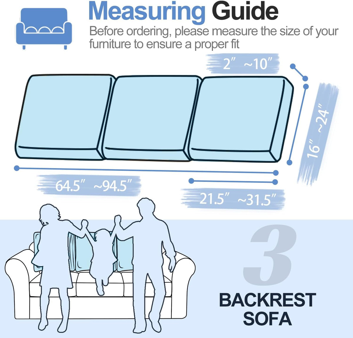 Large Backrest Cushion Covers Super Stretch Backrest Covers for 3 Cushion Couch Sofa, Couch Back Cushion Covers Featuring with Chenille Yarn (Softer Version, 3PC, Blue)