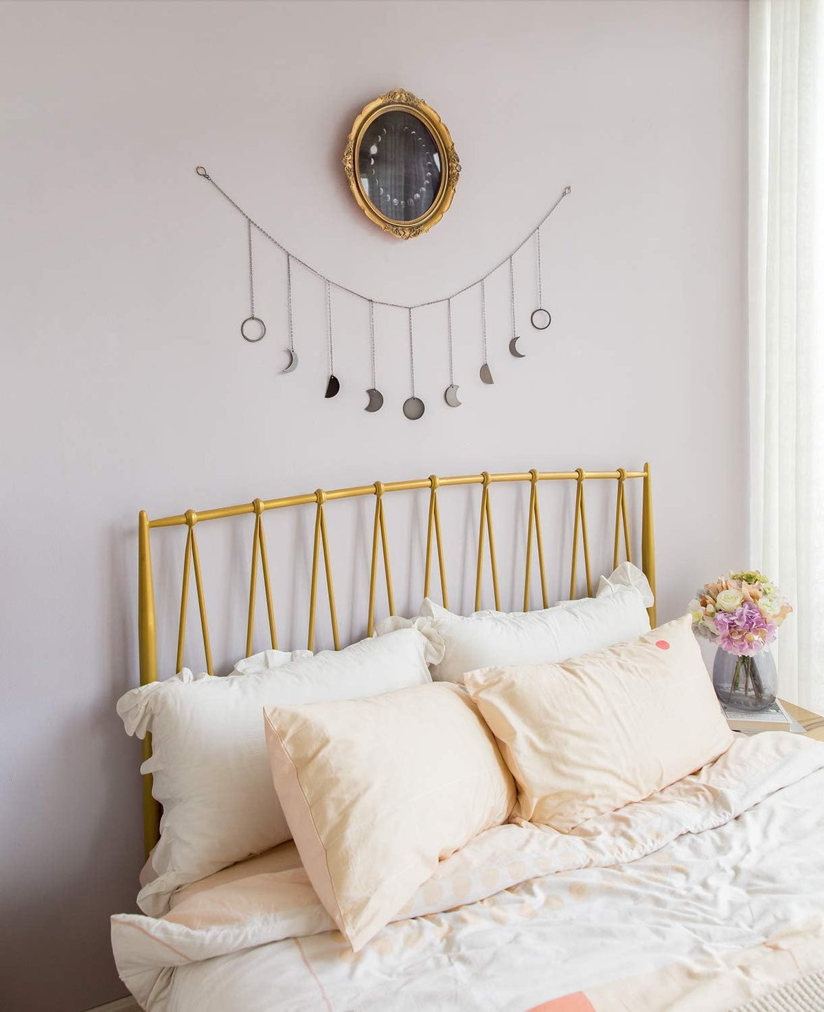 Mkono Moon Phase Wall Hanging Boho Aesthetic Room Decor Metal Moons Garland Hanging Art Bohemian Home Decoration for Girls Room Nursery Bedroom Livingroom Dorm, Ideal, Black, 50"