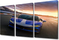 Blue Car on the Runway Canvas Wall Art Sports Car on the Track Wall Art for Living Room Sunset Pictures for Bedroom Modern Home Decor Office Bathroom Decoration Artwork Framed Ready to Hang 36"Wx24"H