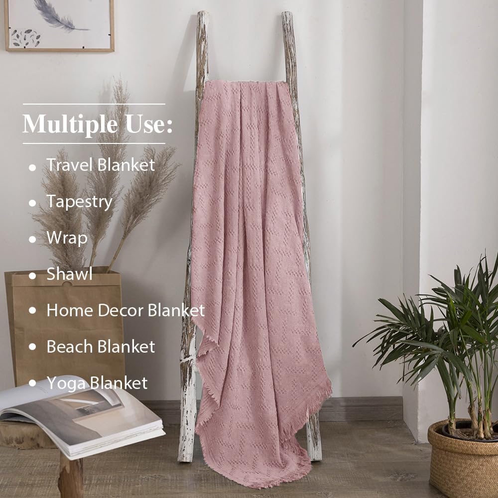 Simple&Opulence 100% Cotton Throw Blanket for Bed, Couch, Boho Luxury Geometric Knit Woven Blanket with Tassels Soft Lightweight Cozy Breathable, Vintage Farmhouse Decoration for All-Season(Pink)
