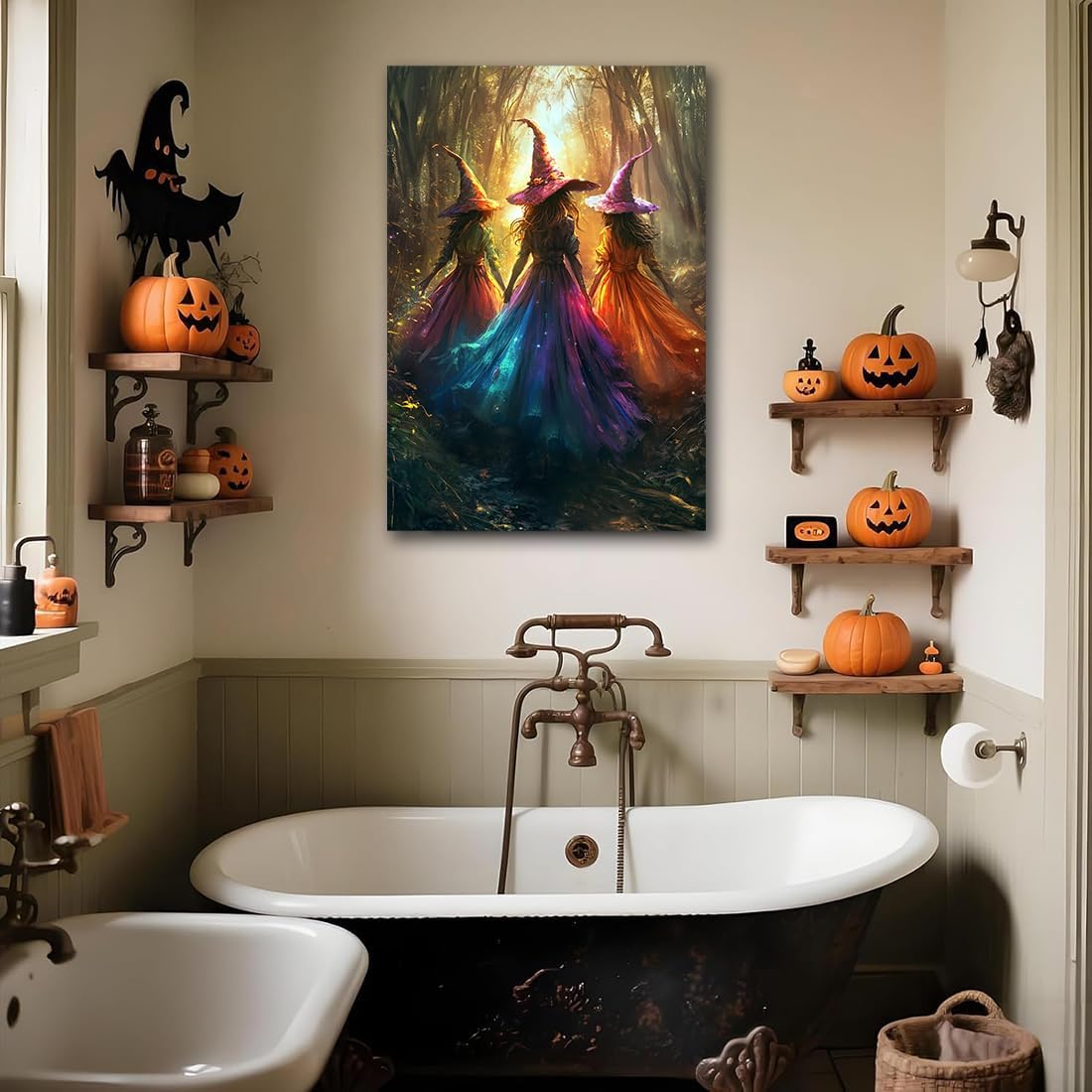 Halloween Room Decor Wall Art Colorful Witch Prints,Vintage Three Colorful Witches in Forest Halloween Posters,Fall Fantasy Aesthetic Pictures Playful Art Wall Decor for Bedroom,16"x24" Unframed