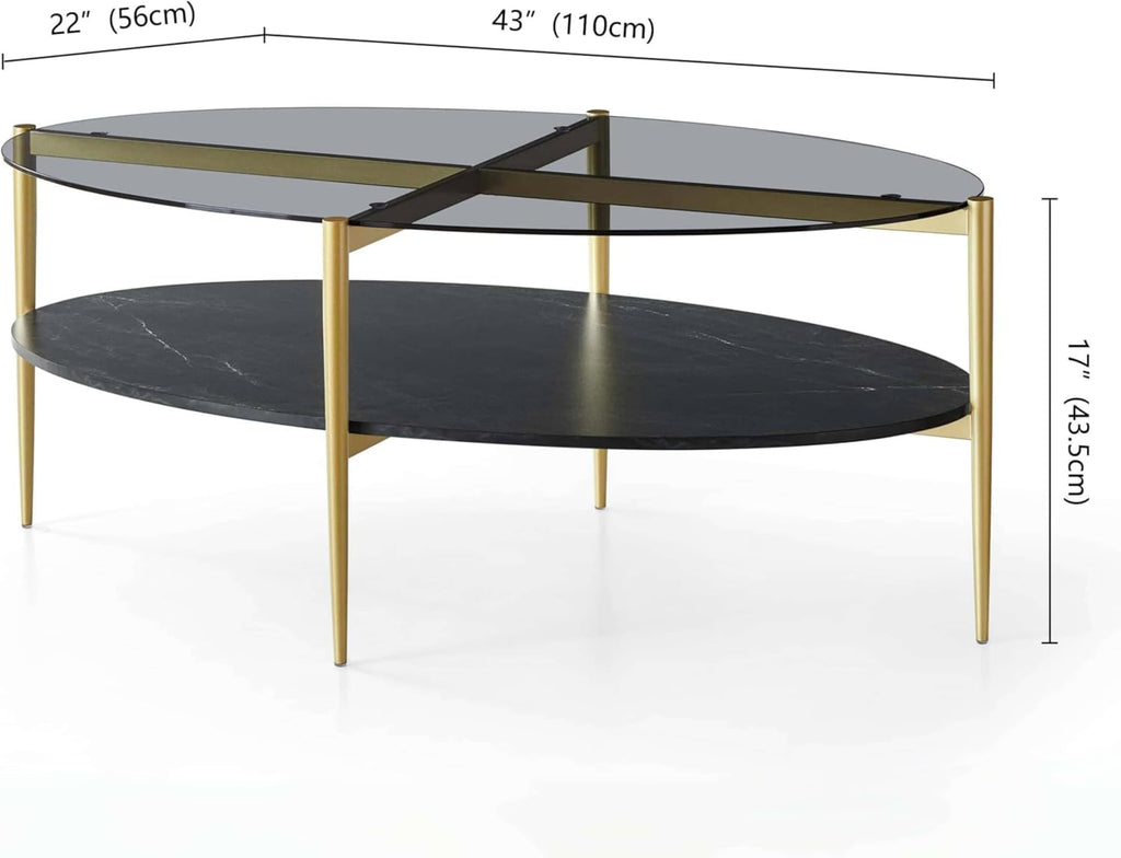 Oval Glass Coffee Table, Mid-Century Modern Design, L43 x W22 x H17 inch, Surfboard Shaped Grey Glass Top and Black Marble Finish Wood Shelf, Tapered Legs with Gold Finish Frame