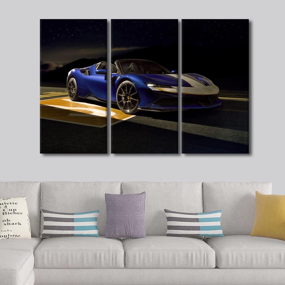 Blue Sports Car Canvas Wall Art Supercar at Night Paintings Speed Car Prints on Canvas Modern Artwork Pictures for Living Room Men Boys Bedroom Wall Decor Giclee Framed Ready to Hang, 60"Wx40"H