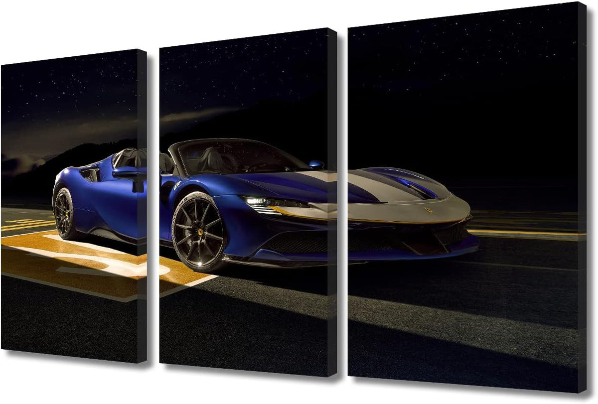 TUMOVO Blue Sports Car Under the Starry Sky Wall Art Painting on Canvas Supercar Bedroom Wall Art Modern Home Decor House Decorations for Living Room Pictures Stretched on Wooden Frame, 36" Wx24 H