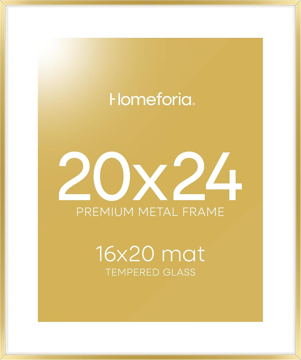 Homeforia 20x24 Picture Frame Gold, High End Metal 24x20 Frames for Wall, 20x24 Gold Frame Matted to 16x20 Print, 20 x 24 Poster Large Frame with Mat 16 by 20 Photo, Tempered Glass, Wall Kit, Set of 1