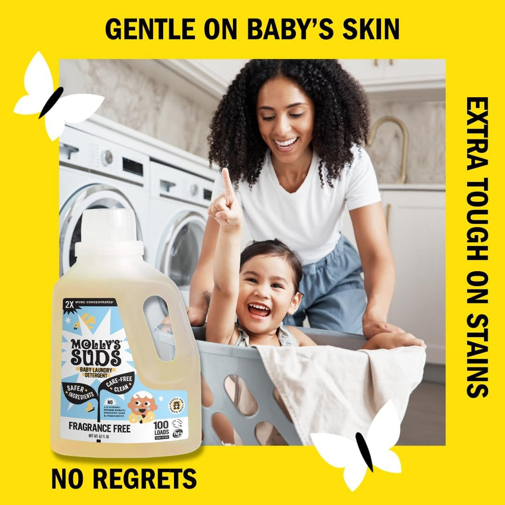 Molly's Suds Baby Liquid Laundry Detergent | Removes Formula, Poop & Spit-Up Stains | Extra Gentle for Infants, Babies, Toddlers (Fragrance Free, 100 Loads)
