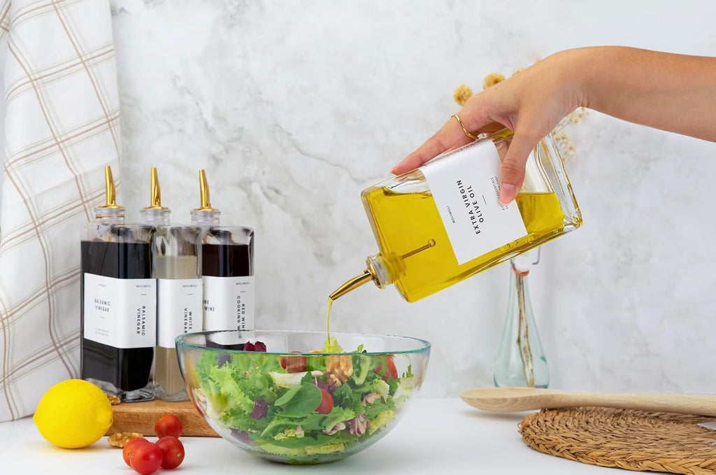 Molimoli Olive Oil Dispenser Bottle for Kitchen, Automatic Pourer, Glass Dispenser for Kitchen, Olive Oil Cruet, | Set of 4 - Gold