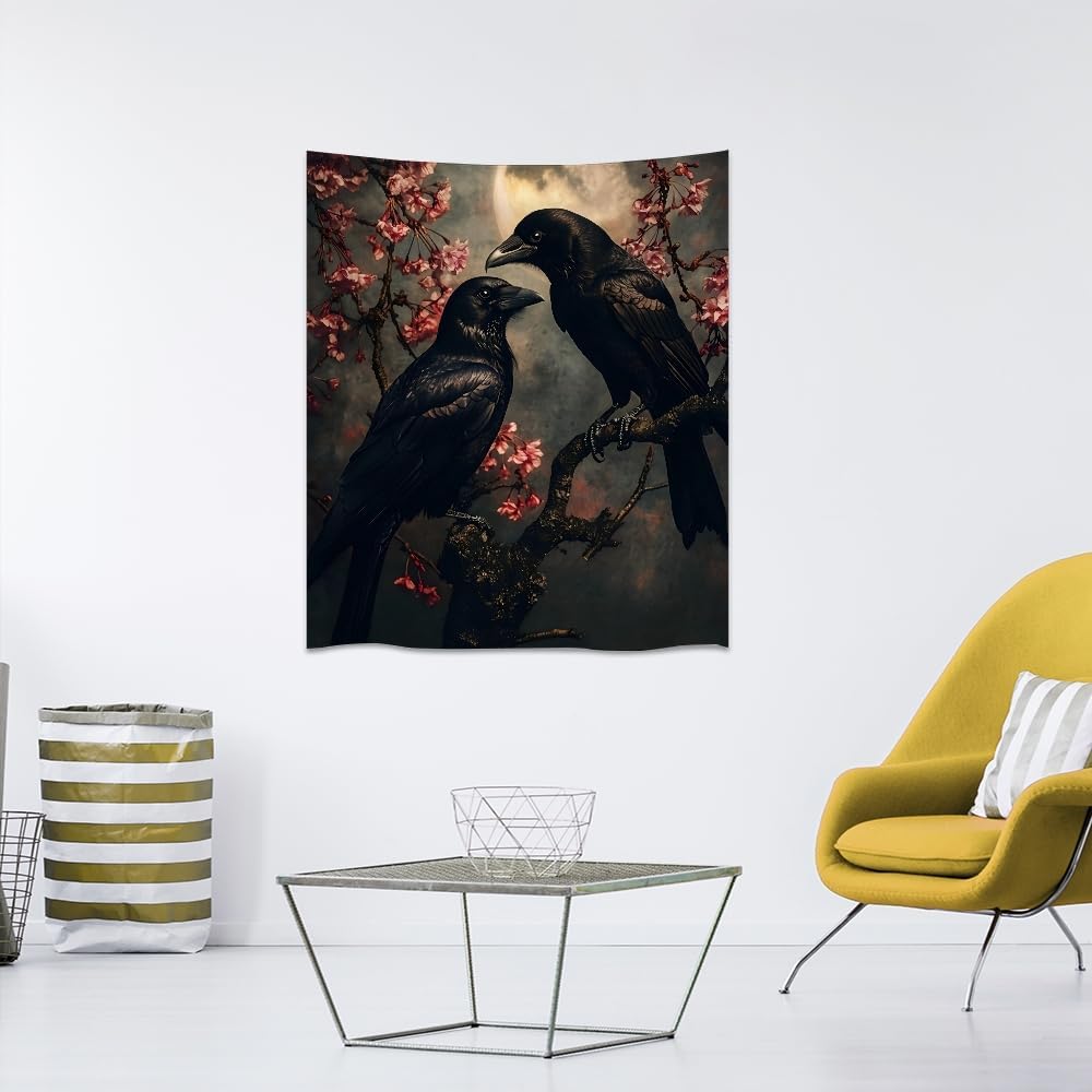 Mystic Gothic Raven Tapestry Halloween Crow Decor Vintage Dark Academia Bedroom Tapestries Retro Art Aesthetic Wall Tapestry for Bedroom Dorm Living Room white