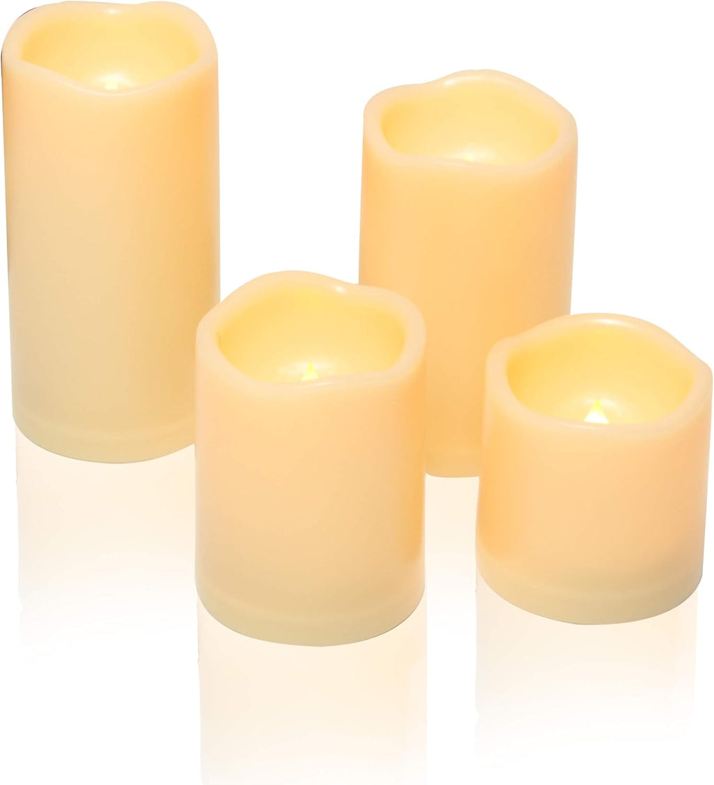 CANDLE CHOICE Waterproof Outdoor Battery Operated Flameless Candles with Timer Realistic Flickering Plastic Fake Electric LED Pillar Lights for Lantern Garden Wedding Christmas Decorations 4 Pack