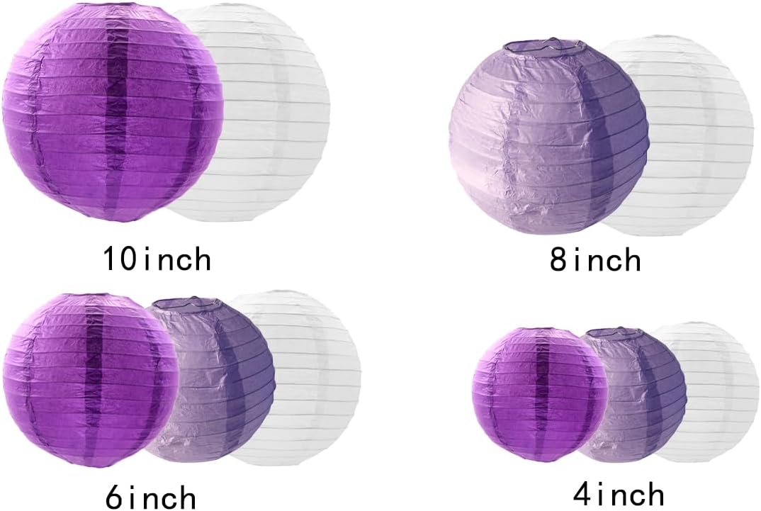 Paper Lanterns Decorations,Paper Hanging Decorations Ball Lanterns Lamps for Birthday Parties, Bridal Showers, Baby Showers, Wedding, Mermaid Party（10 Pcs,4 in/6 in/8 in/10 in,Purple/White）