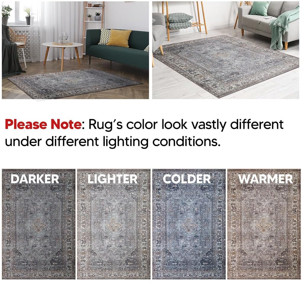 Keen Home Design 6x9 Rug - Machine Washable Area Rug with Non-Slip Backing, Ideal for Living Room, Dining Room, Bedroom - Vintage, Easy Clean, Durable, Low Pile Rug - (6' x 9')
