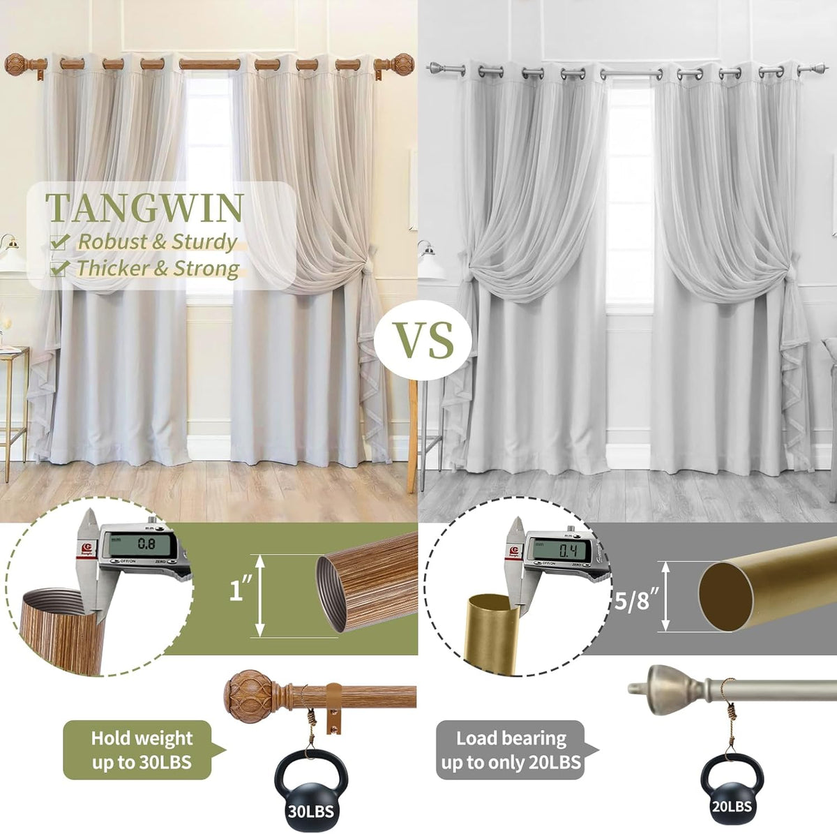 2 Pack Wood Curtain Rods for Windows 28 to 48 Inch(2.3-4Ft),1 Inch Adjustable Curtain Rod,Heavy Duty Curtain Rods,Wooden Netted Texture Drapery Rods,Single Window Curtain Rod 18-45",Brown Wood