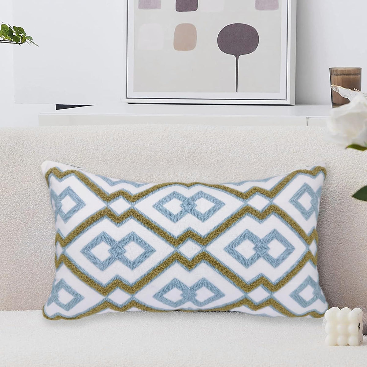 Alysheer Embroidered Lumbar Decorative Throw Pillow Cover 12"x 20", Classic Boho Geometric Embroidery Pattern Cotton Rectangular Cushion Case for Sofa Couch Living Room Bedroom (Blue Khaki)