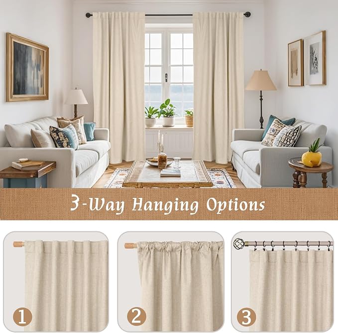 100% Blackout Natural Linen Bedroom Curtains 63 Inches 2 Panels | Thermal - Image 9