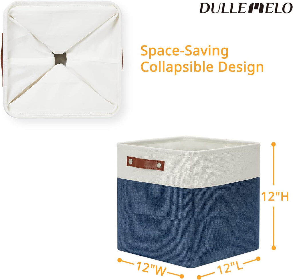 DULLEMELO Foldable Storage Cubes 12 x 12 Organizer Bins,Canvas Storage Bins Empty Gift Baskets for Organizing with SturdyLeather Handles, Closet Baskets for Nursery Storage(4 Pack - 12" White&Blue)