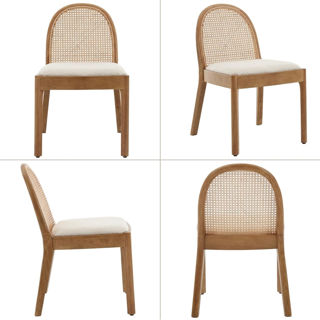 Mid Century Dining Chairs Set of 2, Accent Rattan Side Chairs Sherpa Fabric Kitchen Chair with Solid Wooden Legs for Living Room Dining Room, White