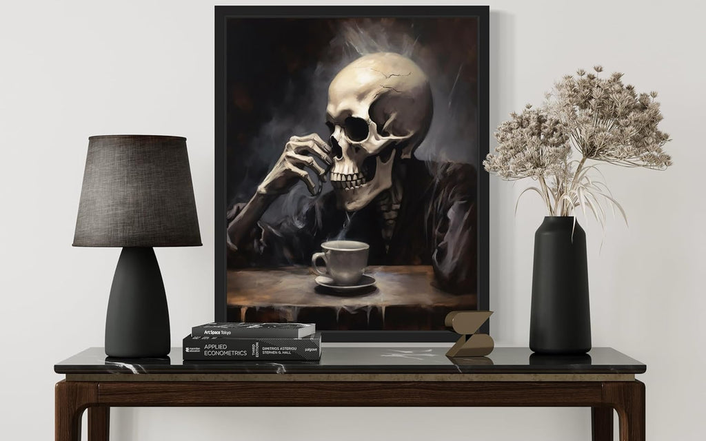 Skull Drinking Coffee Poster Art Print, Halloween Scary Vintage Wall Art Academia Spooky Painting Decoration for Horror Prints, Gothic Posters Bedroom Decor 89 (Skull Drinking Coffee, 8 x 10 inches, Black Frame)