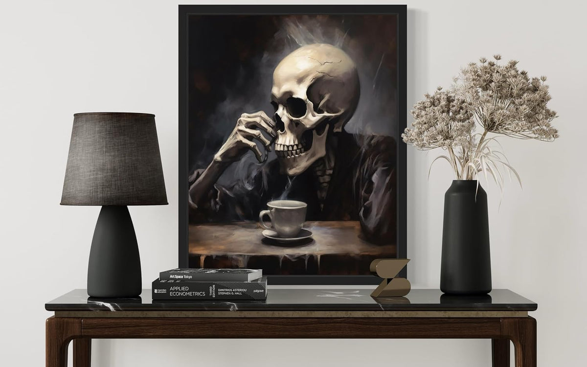 Skull Drinking Coffee Poster Art Print, Halloween Scary Vintage Wall Art Academia Spooky Painting Decoration for Horror Prints, Gothic Posters Bedroom Decor 89 (Skull Drinking Coffee, 8 x 10 inches, Black Frame)