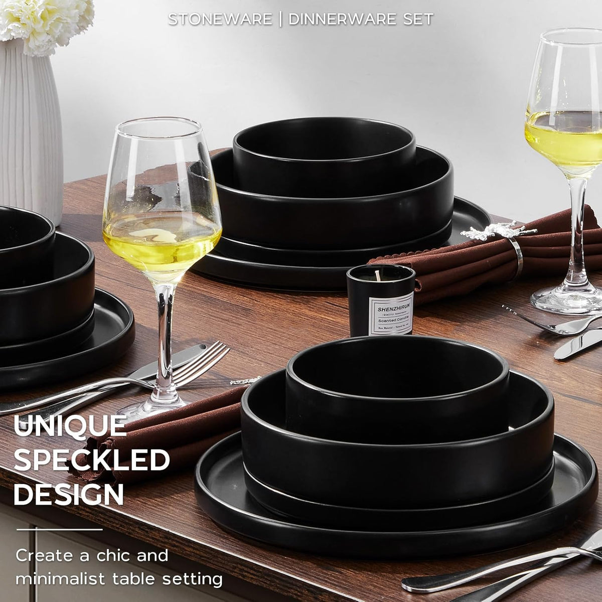 Onader Stoneware Dinnerware Set for 2 with Pasta Bowl, 8 Piece Plates and Bowls Dish Dinner Set, Microwave & Dishwasher Safe - Ebony Black